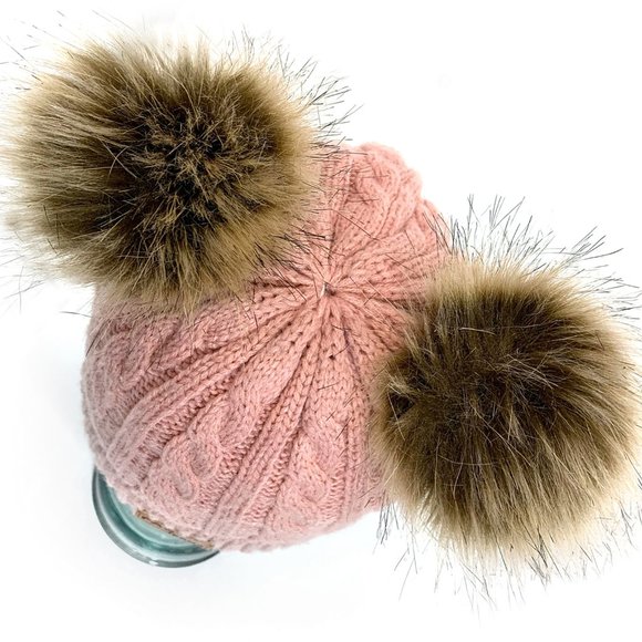 FAS Jeans Girls Winter Fitted Knit Beanie Hat with Faux Fur Pom-Pom Ears - Picture 10 of 11